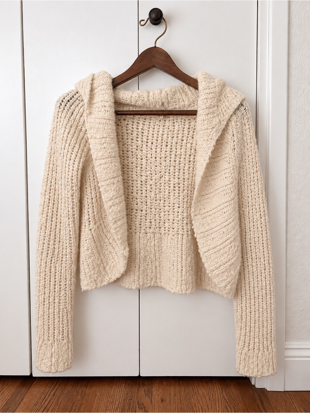 Free People Cream Open-Front Hooded Cardigan Sweater